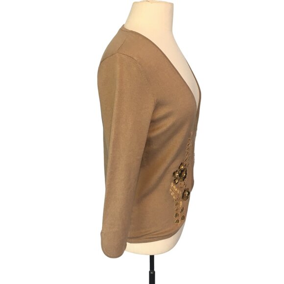 Ann Taylor Womens Silk Cotton Cashmere Blend Tan Cardigan Sweater Beads Sequins - Picture 5 of 11